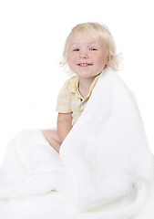 Image showing Silly Baby Todller Boy Wrapped in a Bath Towel