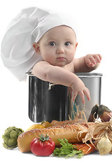 Image showing Cute Chubby Baby Chef in a Cooking Pot