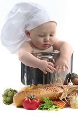 Image showing Cute Chubby Baby Chef in a Cooking Pot Looking Downwards