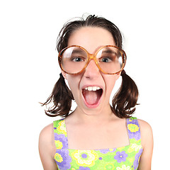 Image showing Funny Girl Wearing Large Eyeglasses Shouting