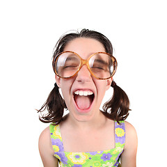 Image showing Shouting Girl Wearing Eye Glasses With Eyes Closed