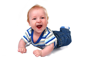 Image showing Laughing Baby Infant Boy Lying on His Tummy