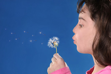 Image showing Child Blowing Dandylions Against Blue Background