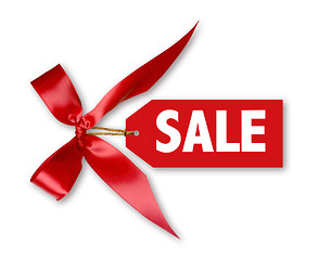 Image showing Sales Tag With Big Red Ribbon Bow Tied