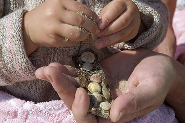 Image showing beach day. hands holding shells