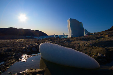 Image showing Ice in a dried out lake - glacier in the background