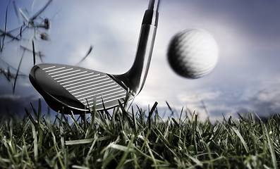 Image showing Golf club and ball in grass