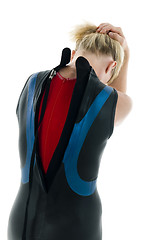 Image showing middle age female tri-athlete in swimming wet suit