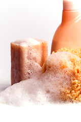 Image showing soap, natural sponge and shower gel