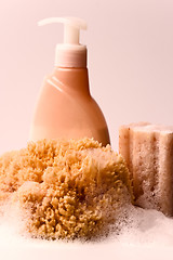 Image showing soap, natural sponge and shower gel 