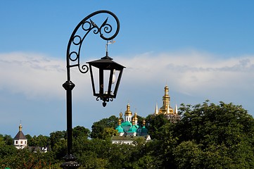Image showing Retro street lantern and golden domes in Kiev, Ukraine 