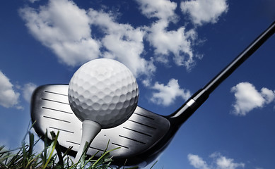 Image showing Golf club and ball in grass