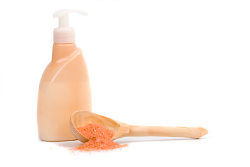 Image showing sea salt and liquid soap