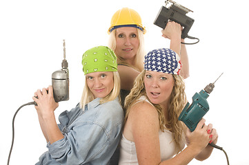 Image showing sexy team contractor construction ladies with tools