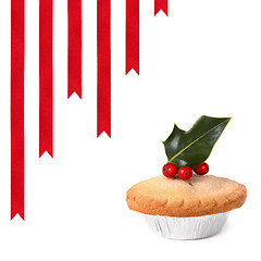 Image showing Christmas Mince Pie and Red Ribbons