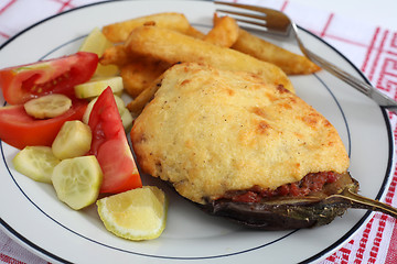 Image showing Aubergines with meat bechamel and salad