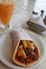 Image showing Souvlaki and orange juice