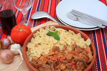 Image showing Beef stroganoff bowl with pasta