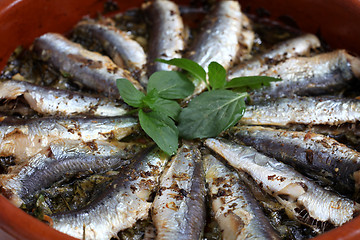 Image showing Sardines baked in a terracotta bowl