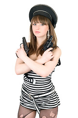 Image showing Portrait of the pretty sailor with pistols