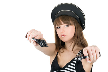 Image showing Portrait of the pretty sailor with pistols. Isolated