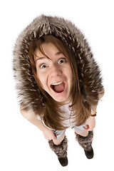 Image showing very surprised woman in fur hat