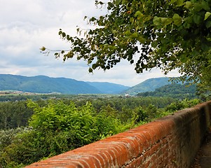 Image showing View of green valley over the orange brick wall