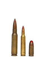 Image showing Three red-tipped tracer cartridges of various calibers isolated