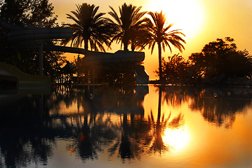 Image showing Sunrise over swimming pool