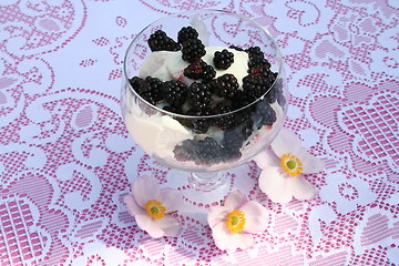 Image showing Dessert with blackberries and ice-cream
