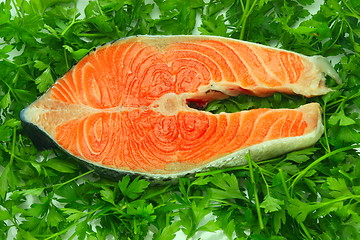 Image showing Fresh salmon steak on the salad leaf