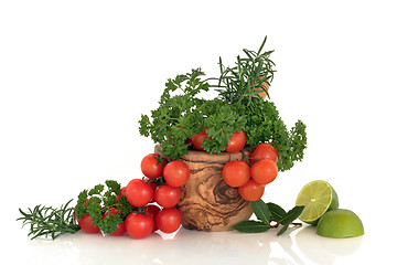 Image showing Tomatoes, Herbs and Limes  