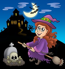 Image showing Cute witch on broom with mansion