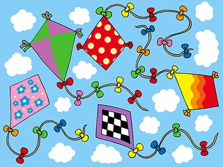 Image showing Various kites flying on sky