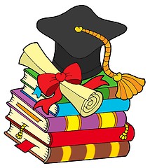 Image showing Graduation hat on pile of books