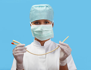 Image showing Female nurse with an urinary catheter