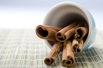 Image showing Cinnamon sticks in a blue cup.