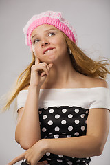 Image showing beautiful thoughtful girl in pink beret