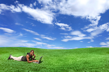 Image showing Student Working on a Computer Outdoors in a Beautiful Field of G