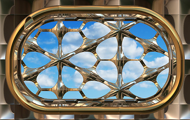 Image showing gothic or scifi window with blue sky