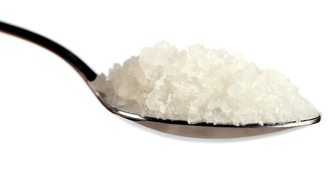 Image showing Tablespoon of coarse sea salt against white