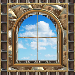 Image showing gothic or scifi window with blue sky