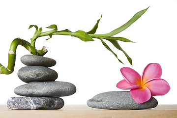 Image showing Stone Stack and Frangipani Flower With Spiral Bamboo