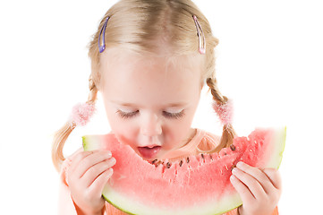 Image showing Girl eating watermelon