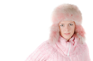 Image showing Beautiful woman in a pink fur hat