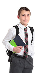 Image showing Schoolboy with books and backpack