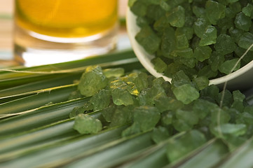 Image showing bath salt and palm leaf