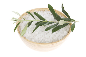 Image showing fresh olive branch and bath salt. spa