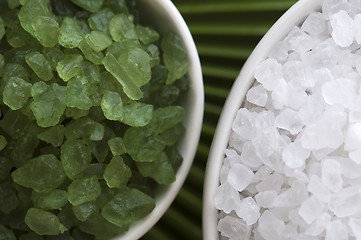 Image showing bath salt and palm leaf