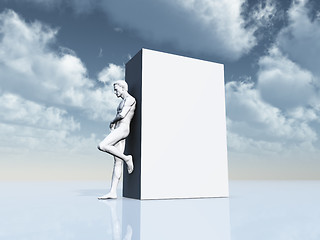 Image showing man leans on white box